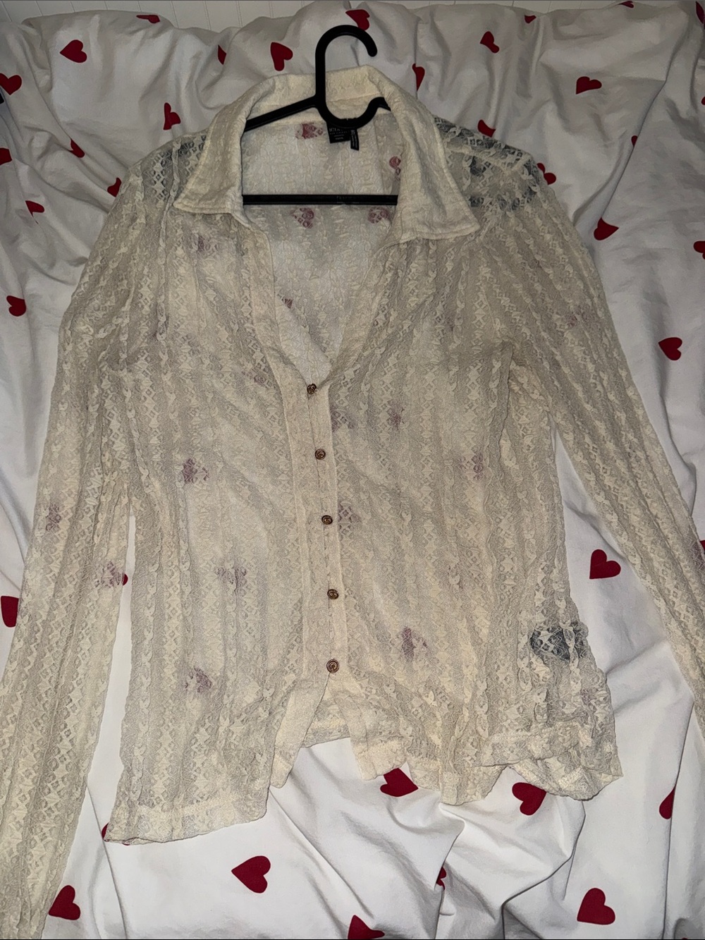 Simons Cream Sheer Lace Button-Down Shirt